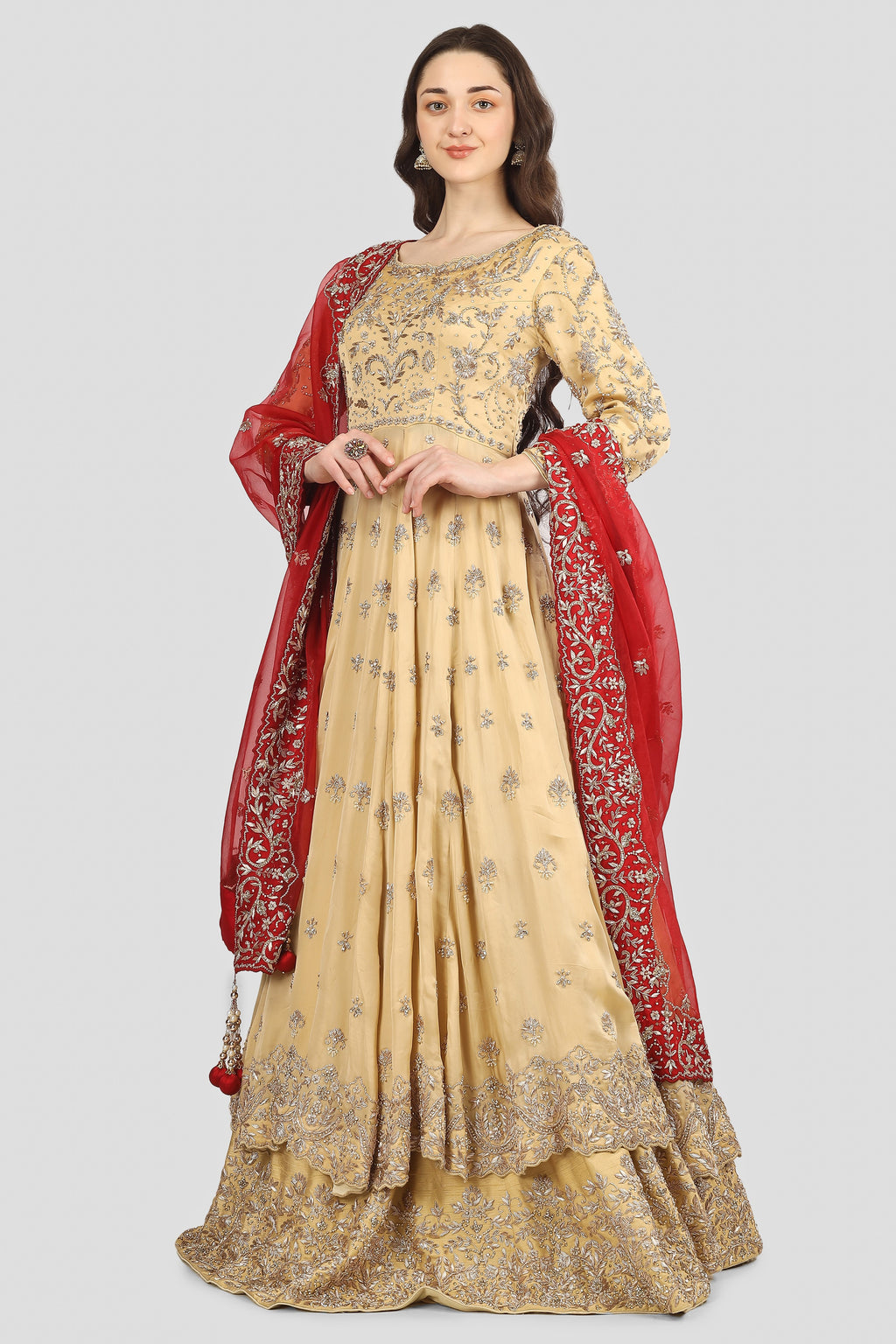 Golden and Red Double Layer Anarkali with Dupatta