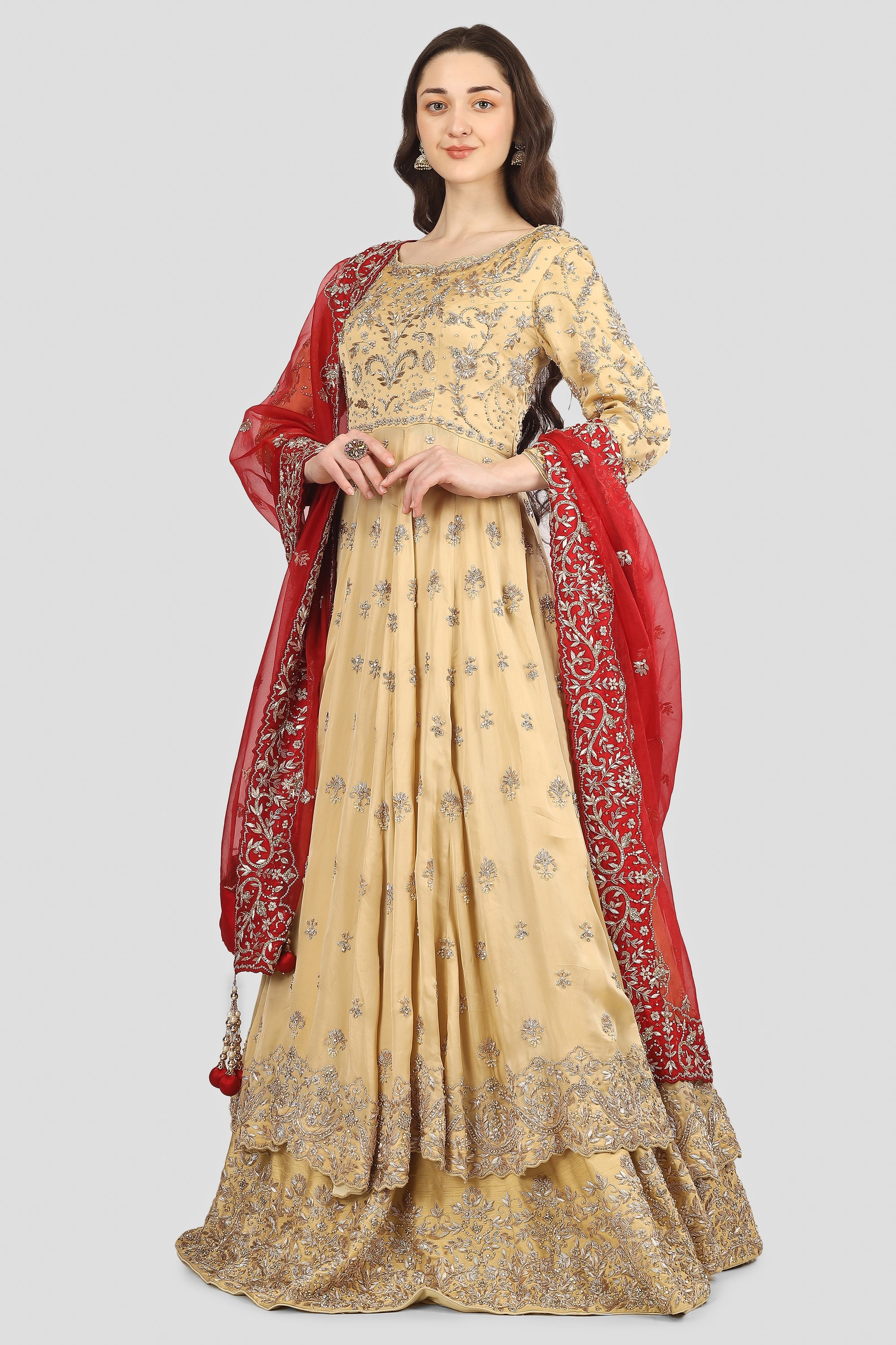 Golden and Red Double Layer Anarkali with Dupatta