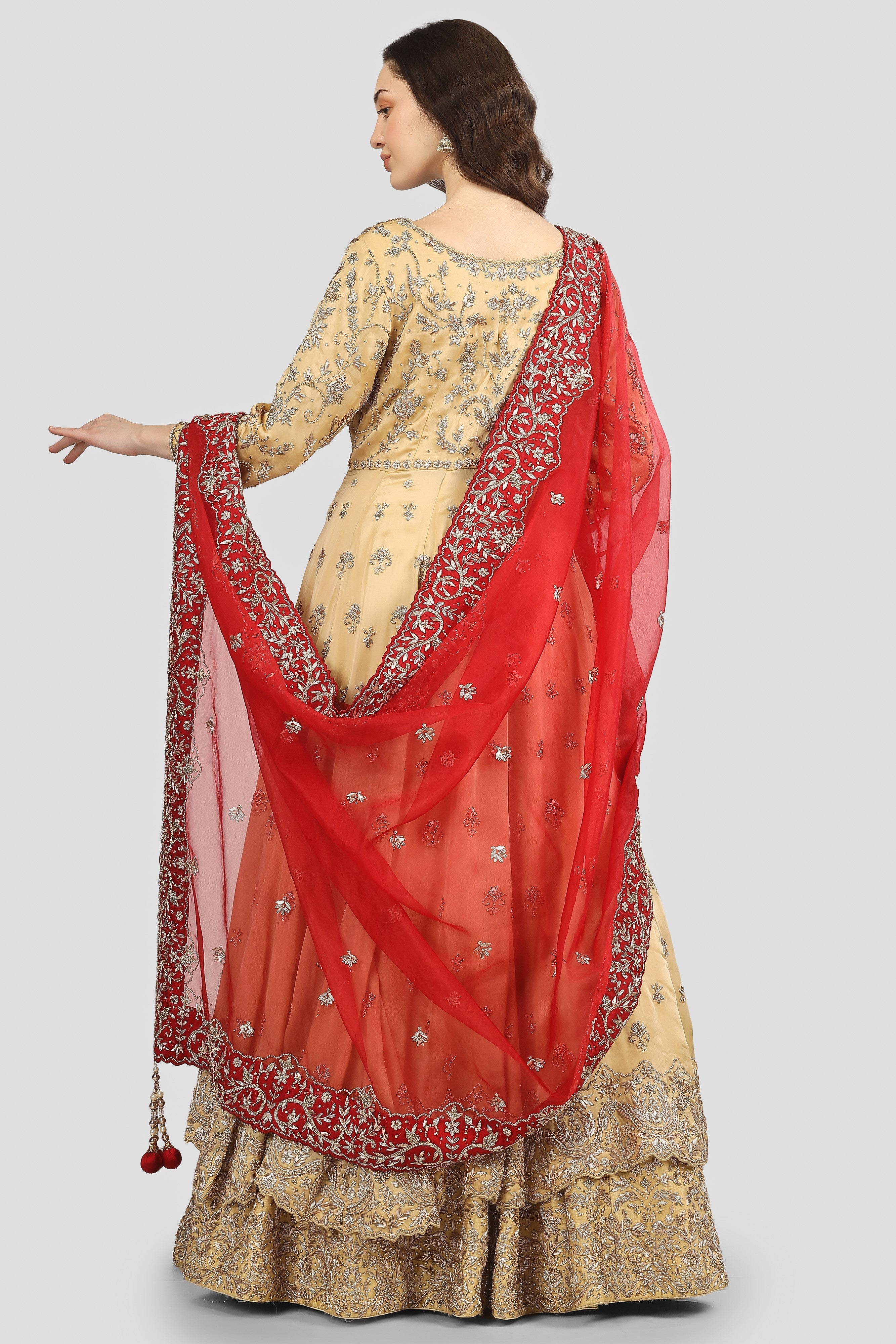 Golden Beige and Rich Red Double Layer Anarkali with Dupatta
