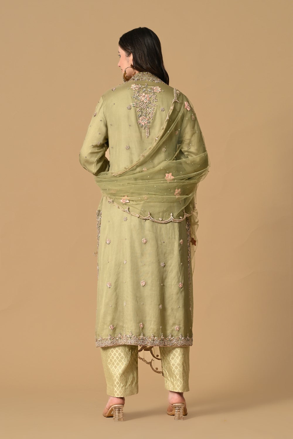 Olive Green Jacket Kameez with Trouser