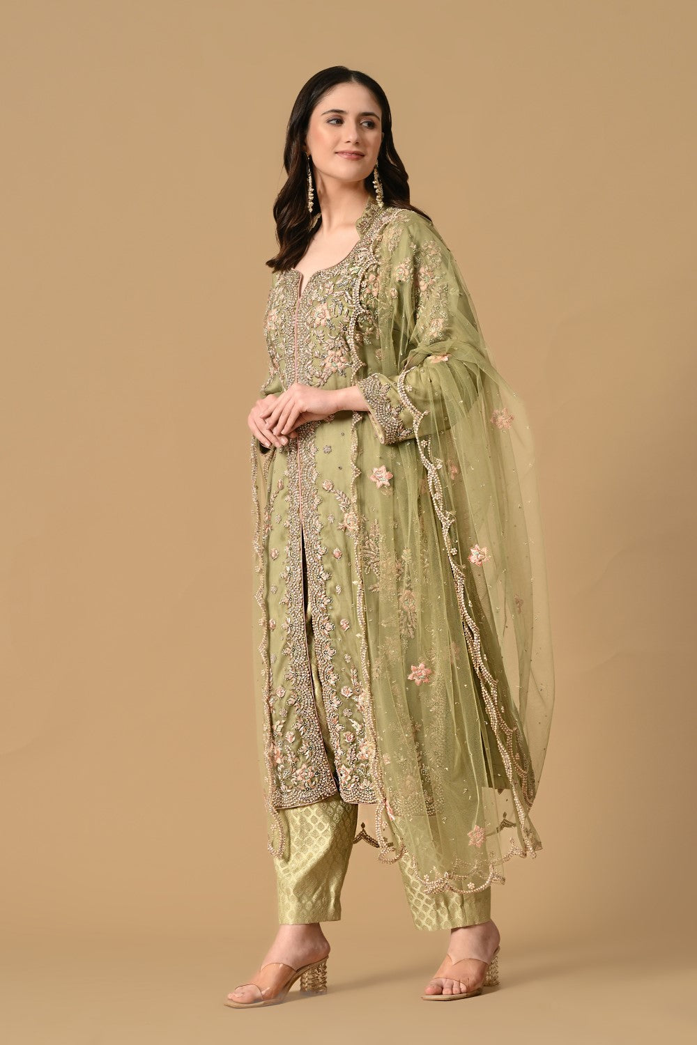 Olive Green Jacket Kameez with Trouser