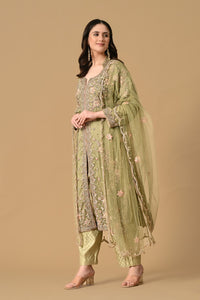 Olive Green Jacket Kameez with Trouser