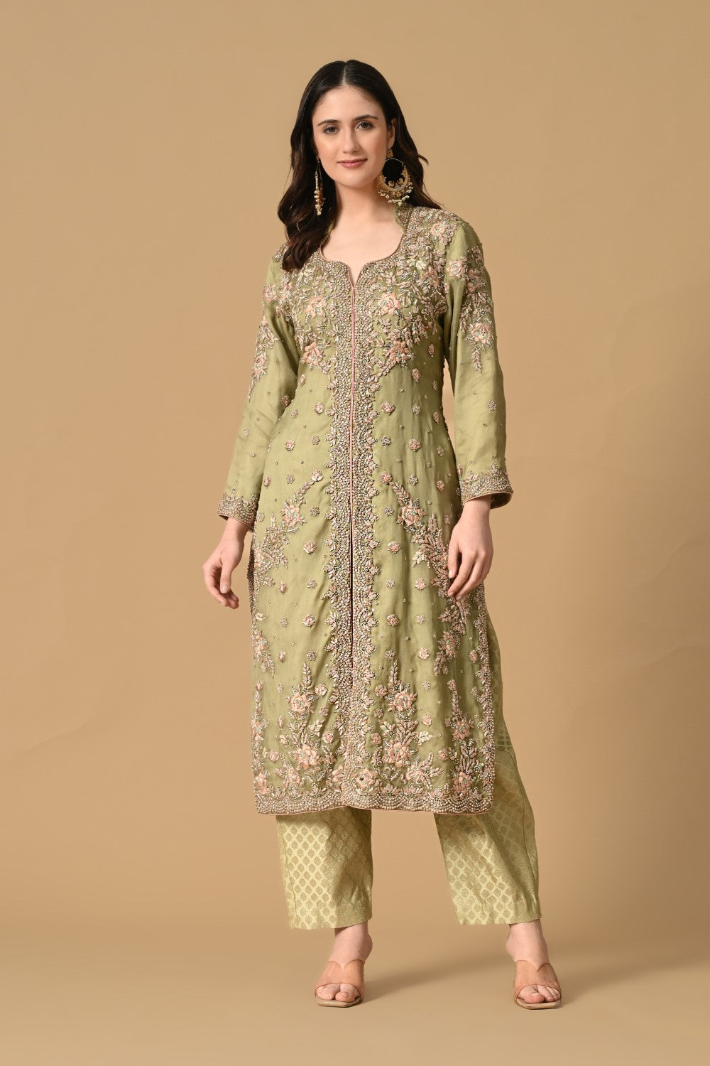 Olive Green Jacket Kameez with Trouser