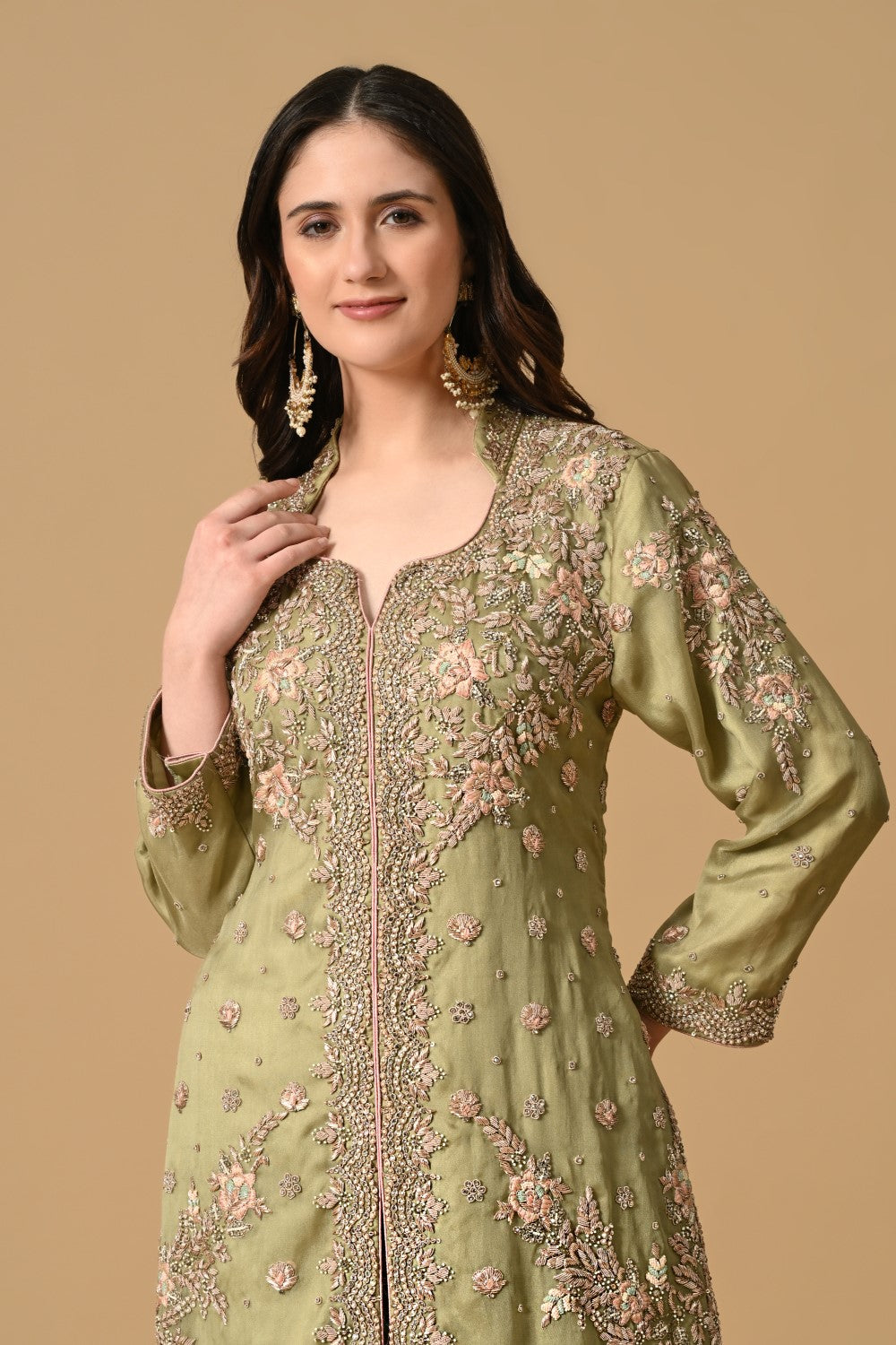 Olive Green Jacket Kameez with Trouser