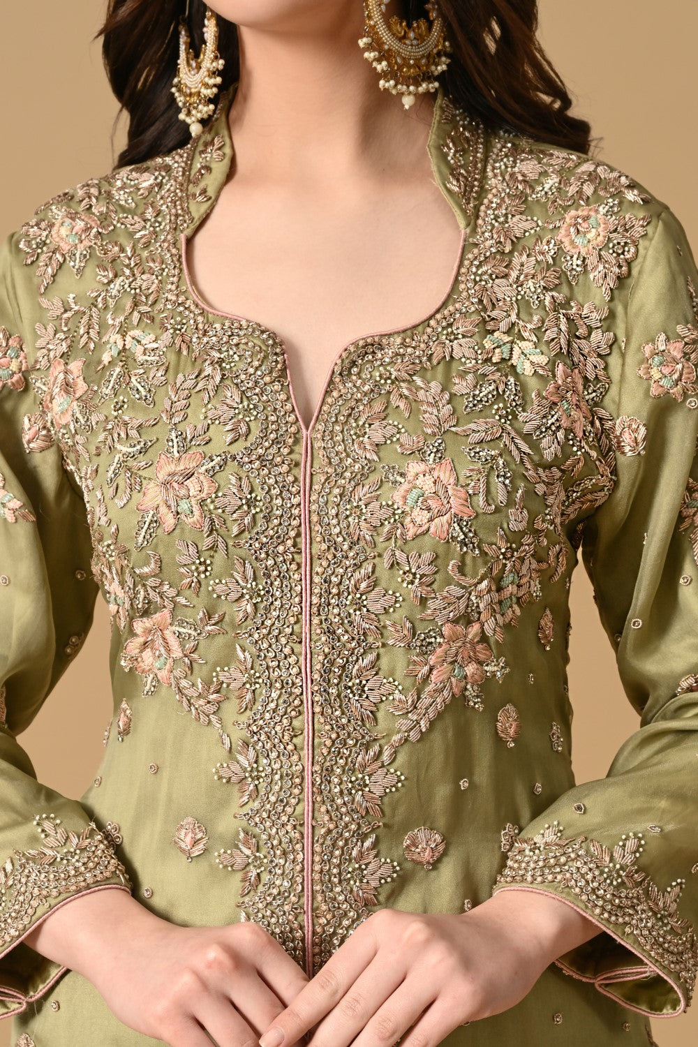 Olive Green Jacket Kameez with Trouser
