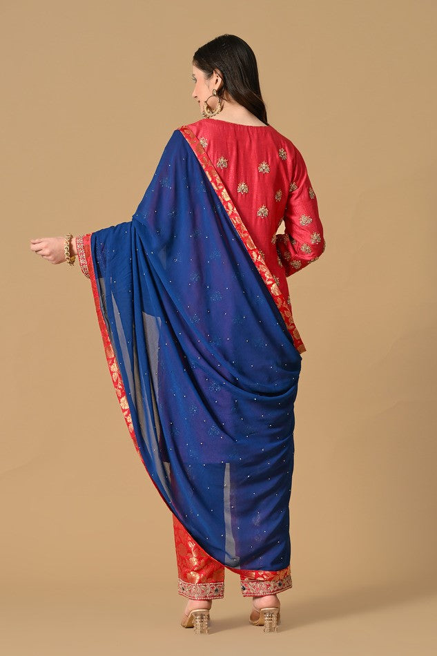 Pink Blue Kameez Trouser with Dupatta