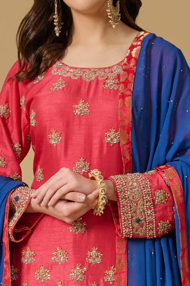 Pink Blue Kameez Trouser with Dupatta