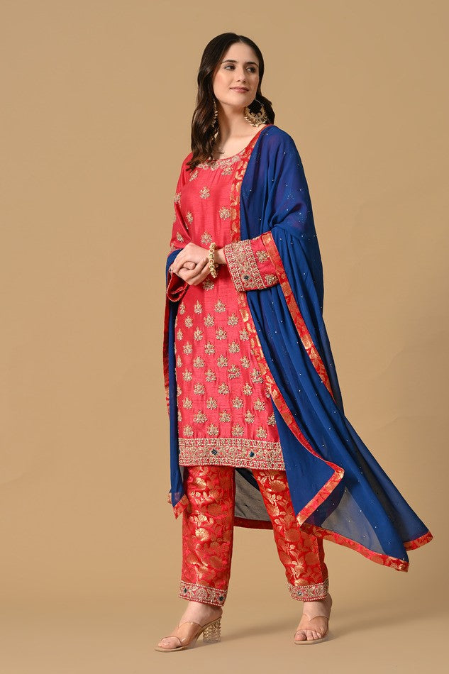 Pink Blue Kameez Trouser with Dupatta