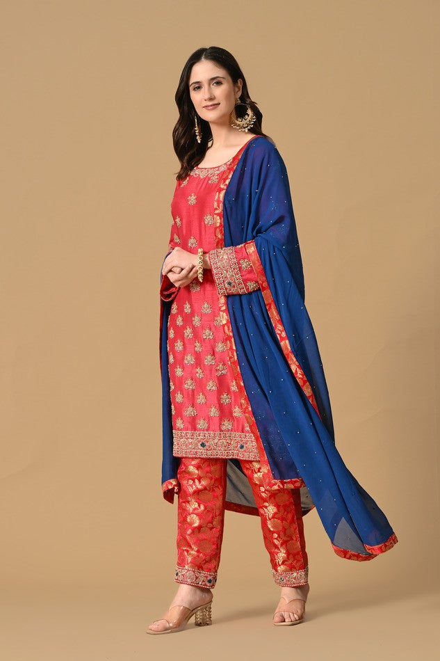 Pink Blue Kameez Trouser with Dupatta