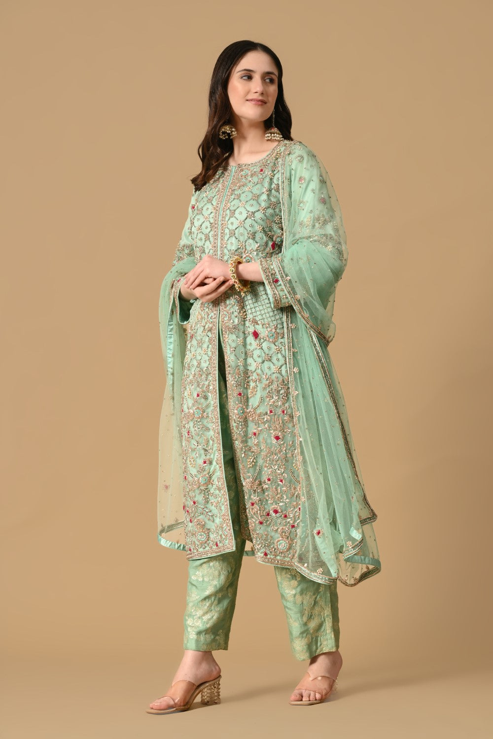 Pastel Mint Green Jacket Kameez with Trouser