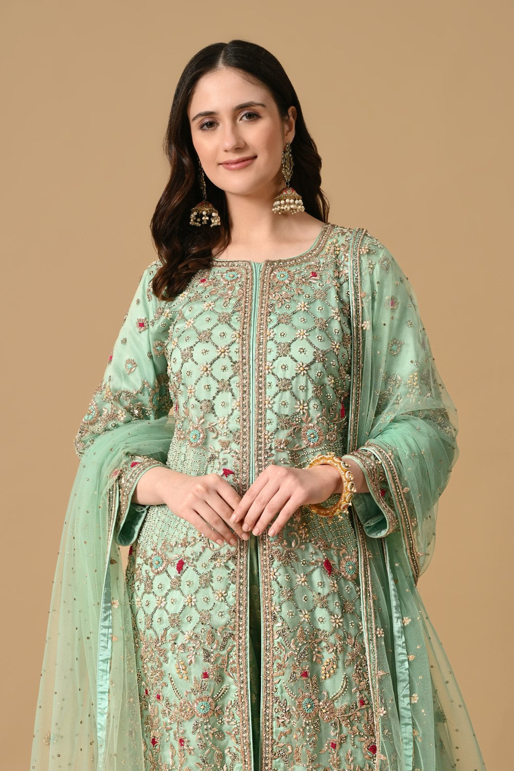 Pastel Mint Green Jacket Kameez with Trouser