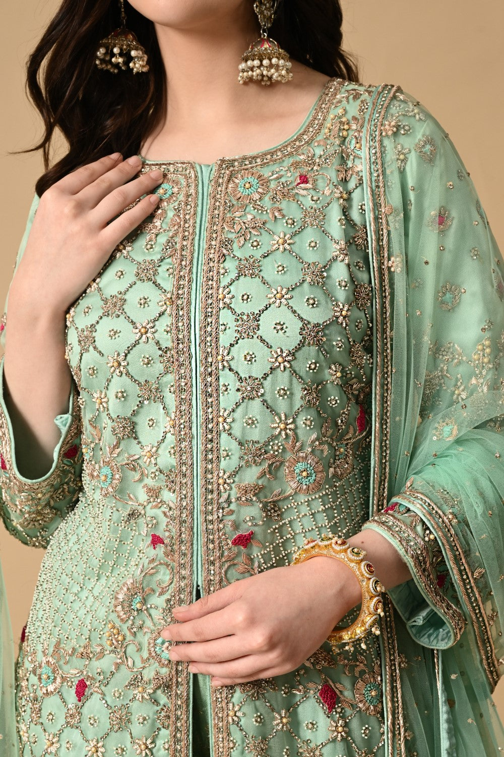 Pastel Mint Green Jacket Kameez with Trouser