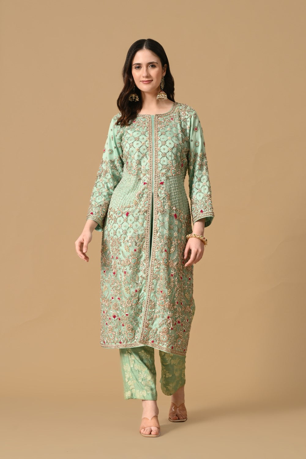 Pastel Mint Green Jacket Kameez with Trouser