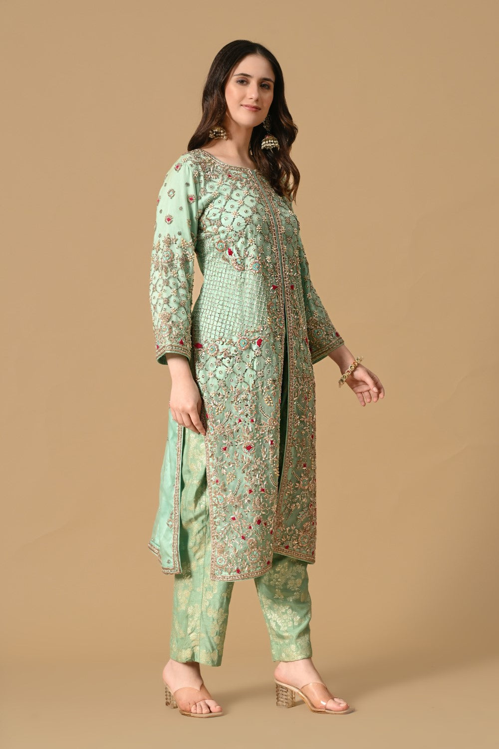 Pastel Mint Green Jacket Kameez with Trouser