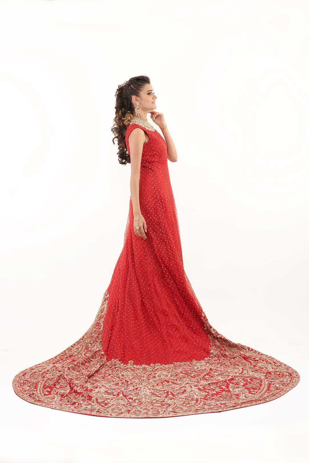 Frilled Red Color Designer Gown – creafina