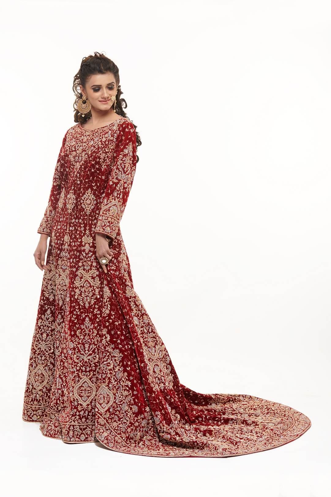 Maroon velvet gown with trail