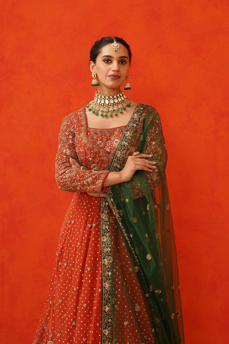 Rust Orange Anarkali with Green Dupatta