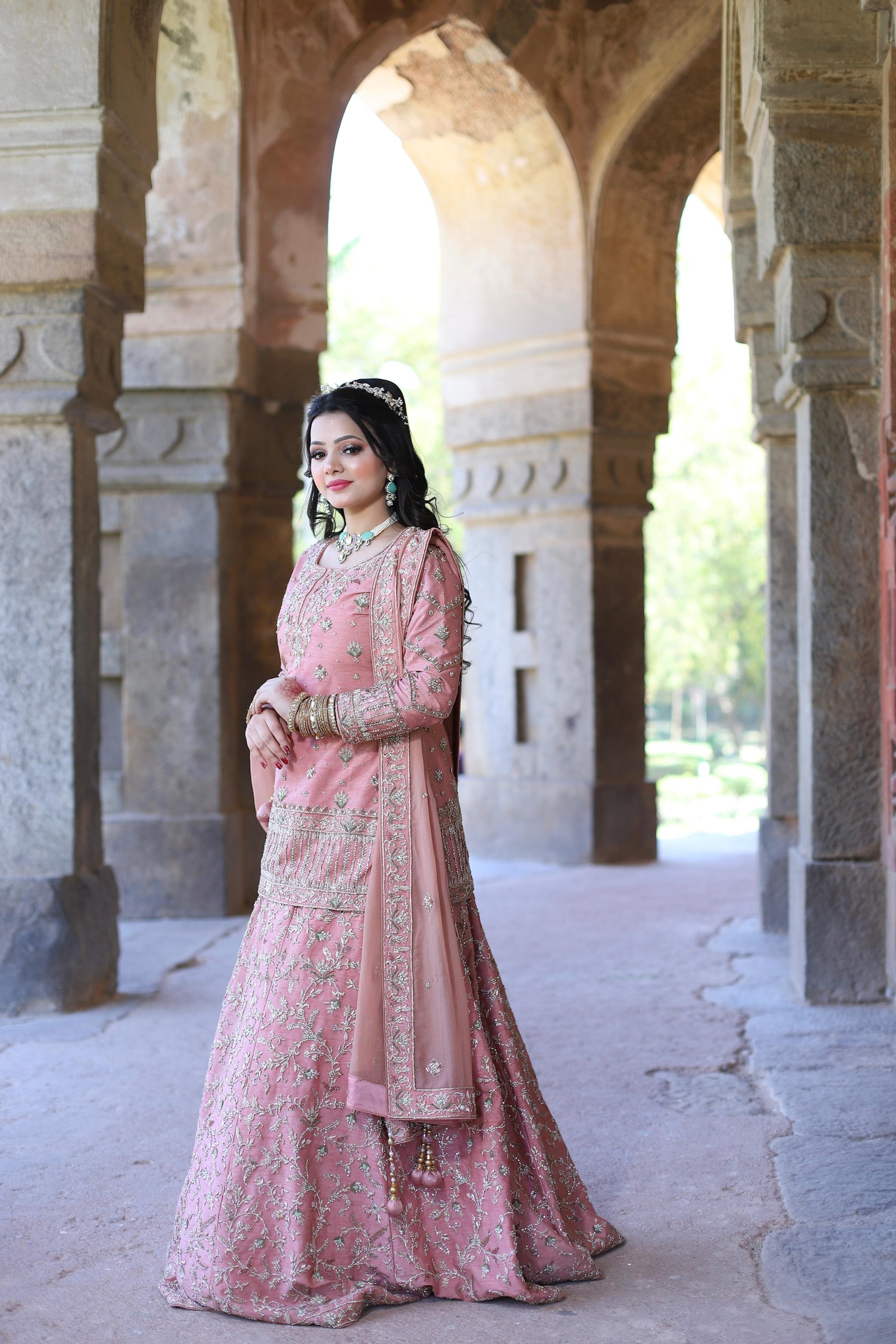 Peach Pink Kameez Lehenga