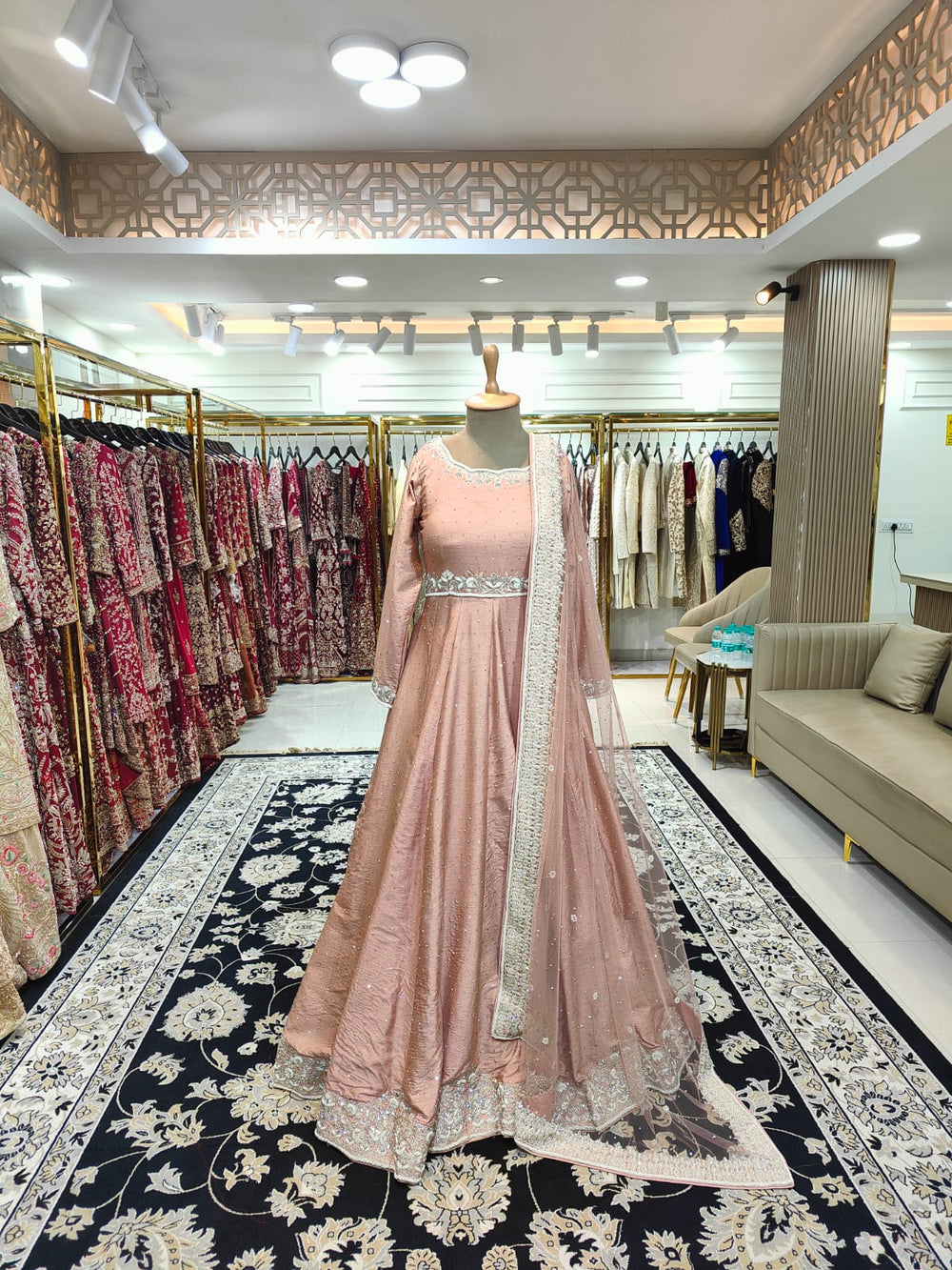 Peach Raw Slik Beaded Work Anarkali With Dupatta