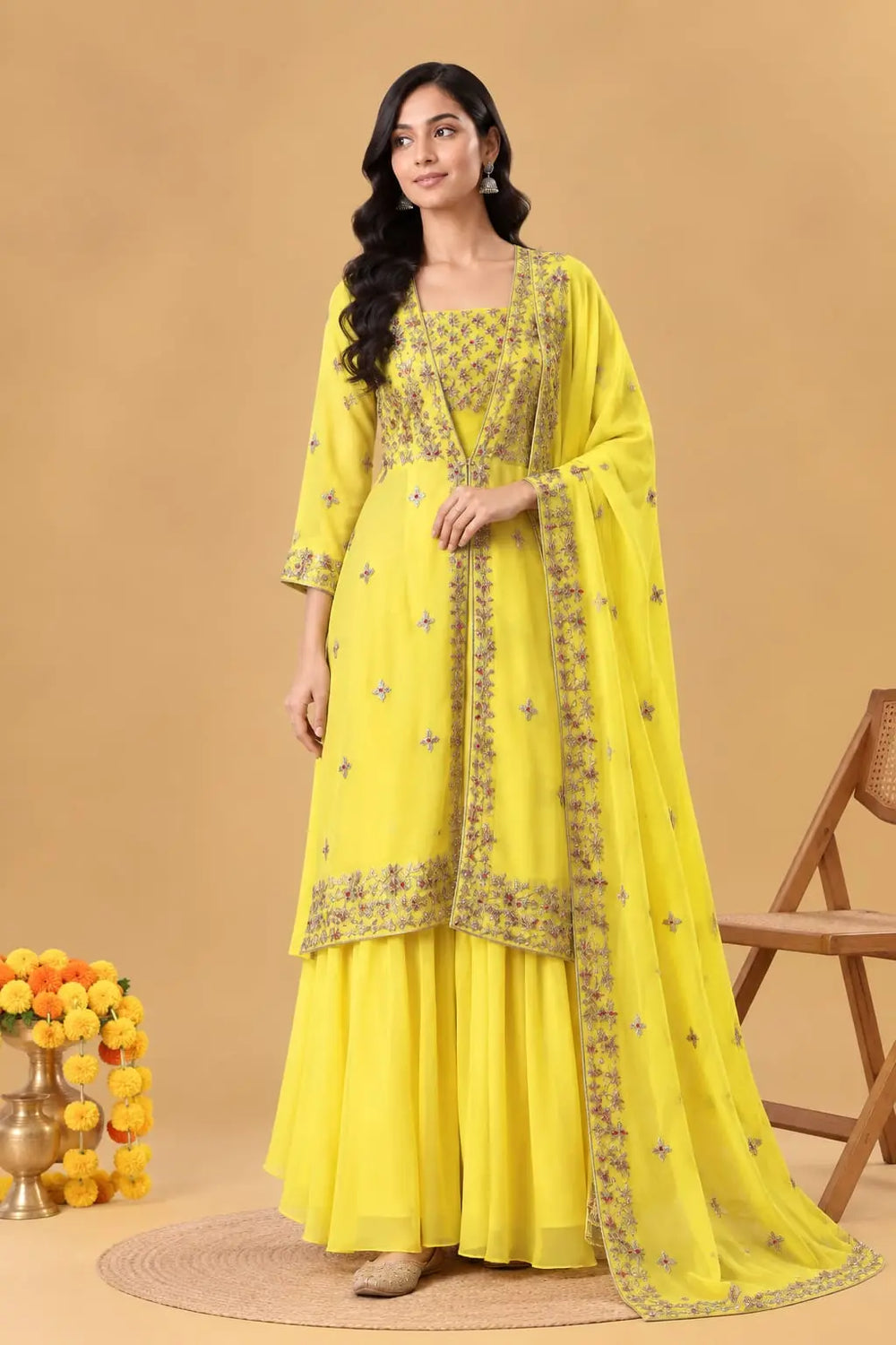 Yellow Kameez Sharara and Dupatta