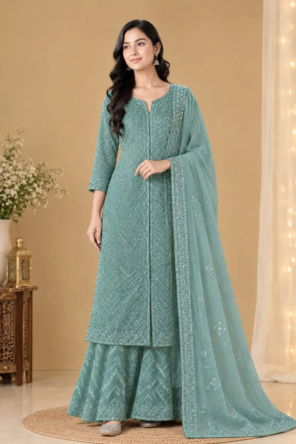 Sage Green Kameez Plazo and Dupatta