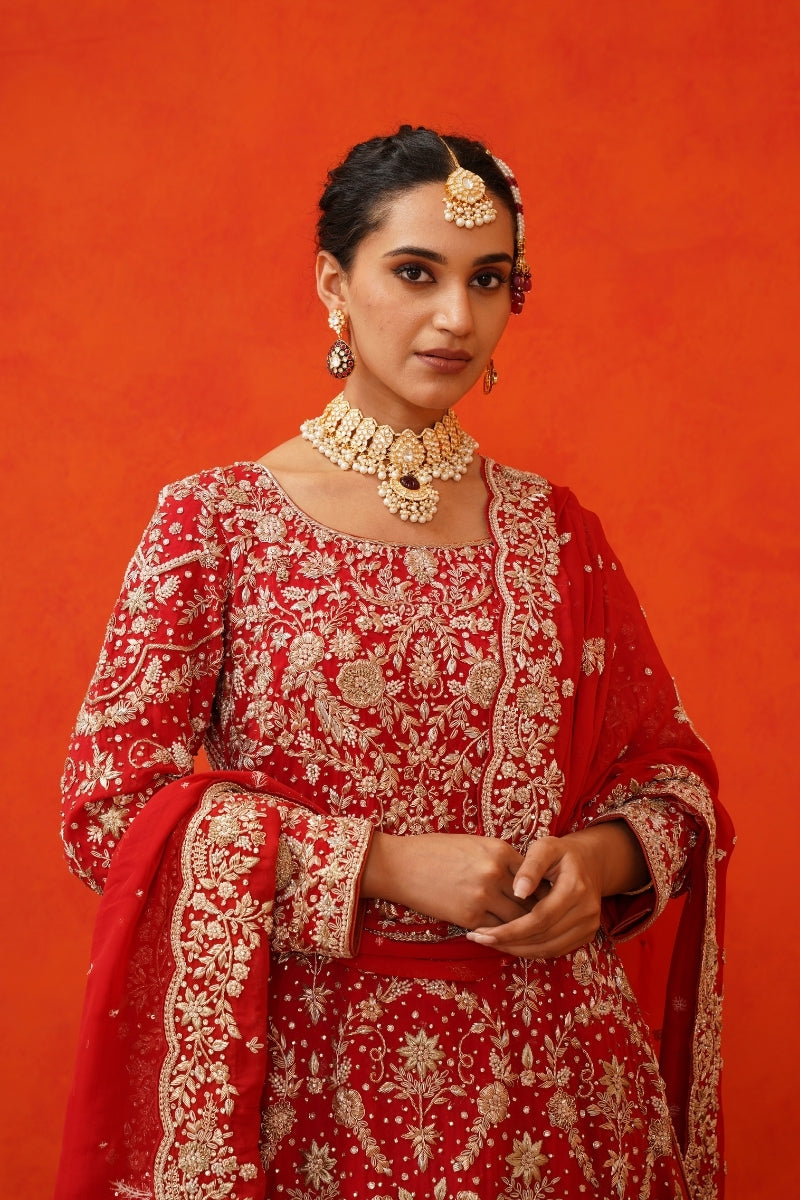 Red Kameez Lehenga with Trail