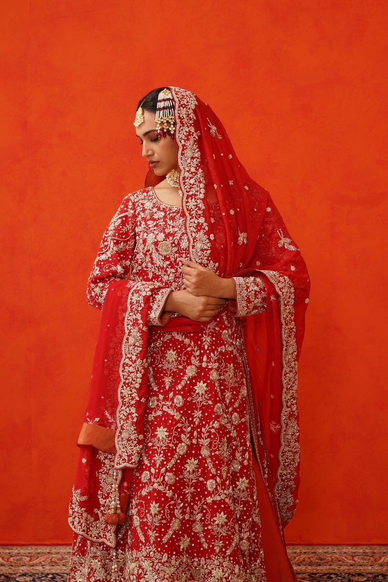 Red Kameez Lehenga with Trail