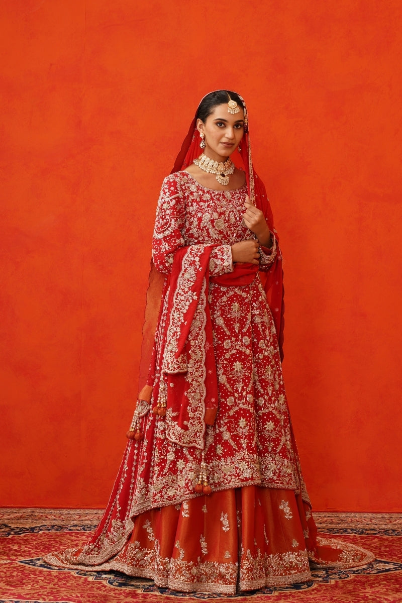 Red Kameez Lehenga with Trail